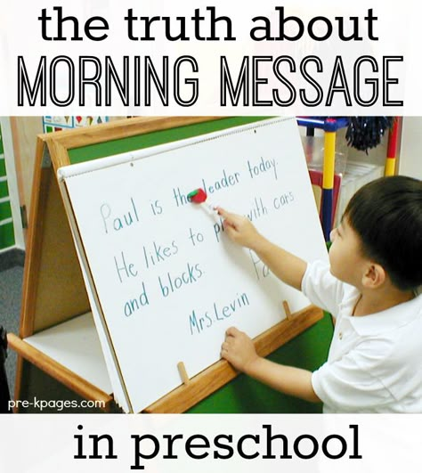 Pre-K Pages shares information and ideas for implementing a morning message routine in preschool or kindergarten classrooms. Pre K Beginning Of Year, Pre-k Writing, Prek Literacy, Kindergarten Classrooms, Preschool Boards, Pre K Pages, Interactive Writing, Preschool Circle Time, Prek Classroom