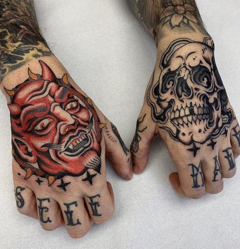 Pretty Skull Tattoos, Traditional Hand Tattoo, Leg Sleeve Tattoos, Satanic Tattoos, Leg Tattoo Ideas, Tattoo Catalog, Skull Hand Tattoo, Hand And Finger Tattoos, Planet Tattoos