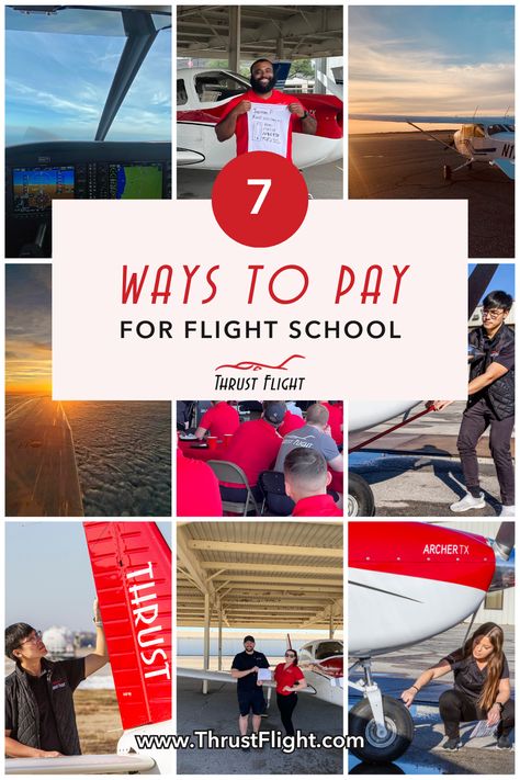 Becoming a pilot isn’t cheap. If you’ve every wondered how to fund your flight training, check out our blog to learn about 7 ways to pay for flight school! #ThrustFlight #FlightTraining #FlightSchool Ground School Pilot, How To Become A Pilot, Aviation Scholarships, Student Pilot Training, Pilot School, Flying Private, Become A Pilot, Scholarships For College Students, Pilot Career