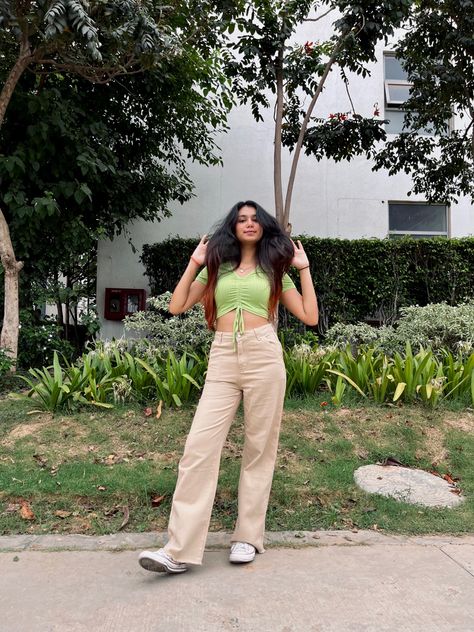 Sage Green Crop Top woth Beige Pants are the perf brunch outfit that you need for these summers Sage Green Crop Top Outfit, Green Crop Top Outfit, Sage Green Crop Top, Green Crop Top, Beige Pants, Women Best, Crop Top Outfits, Brown Pants, Brunch Outfit