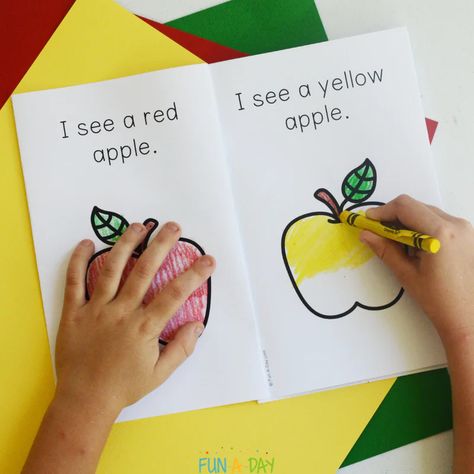 Add the I See Apples printable book to your next kindergarten or preschool apple theme! What a fun and easy way to explore literacy, math, AND science concepts with the kids. Get your own copy by clicking on the Fun-A-Day.com link. Apple Theme Circle Time Activities, Apple Exploration Kindergarten, Apple Emergent Reader Free Printable, Apples Literacy Activities Preschool, Apple Books Preschool, Apple Day In Kindergarten, Preschool Apple Books, Apple Theme For Preschool, All About Apples Preschool