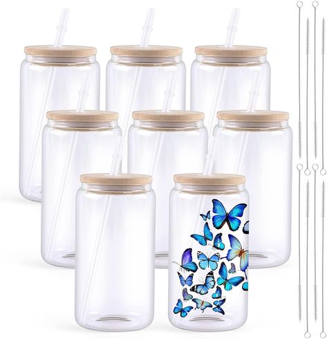 HTVRONT Sublimation Glass Blanks with Bamboo Lid - 16oz Clear Sublimation Beer Can Glass - Sublimation Glass Tumblers for Iced Coffee Juice Soda Drinks (8 PACK) Iced Coffee Cups, Heat Tape, Sublimation Tumblers, Glass Beer Mugs, Htv Vinyl, Iced Coffee Cup, Beer Mugs, Sublimation Paper, Vinyl Crafts