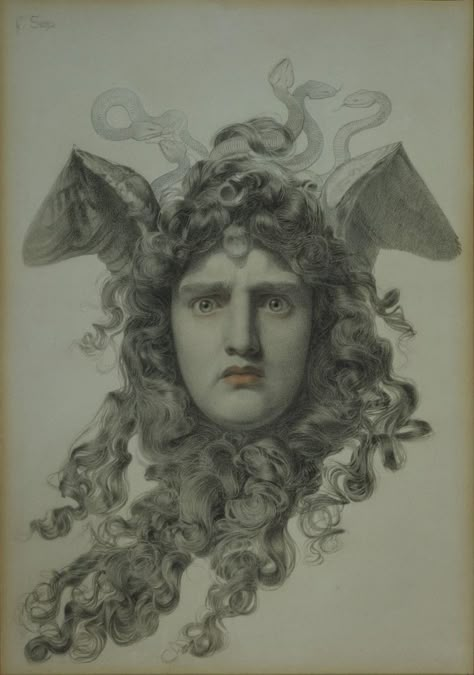 medusa head with long curls, wings in a Valkyrie helmet style, and snakes around the top of her head Frederick Sandys, Medusa Drawing, Academic Drawing, Pre Raphaelite Art, Chalk Drawings, Pre Raphaelite, A4 Poster, National Art, Vintage Artwork