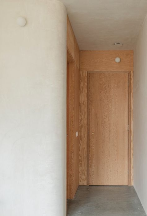 Douglas Fir Interior Doors, Douglas Fir Ceiling, Cramped Apartment, Timber Door, Apartment Renovation, Timber Cladding, Door Pull, Roof Light, Built In Wardrobe