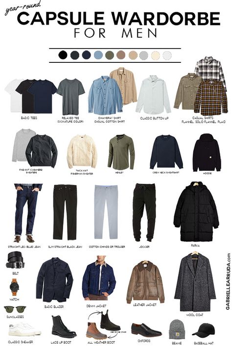 Stop stressing about what to wear! Here's your ultimate guide to crafting the perfect men's capsule wardrobe and all the men's outfit ideas you can build from it. Streamline your wardrobe and have style and ease all at once. This easy men's closet and these style tips will change your fashion. #menscapsulewardobe #mensfashion #mensoutfitsidea Mens Fall Outdoor Outfits, Men's Capsule Wardrobe Minimalist, Mens Clothing Capsule, All Fashion Aesthetics, Mens Fashion Ideas Style Guides, Easy Men Outfit Ideas, Male Wardrobe Ideas, Male Capsule Wardrobe For Men, Men’s Wardrobe Capsule