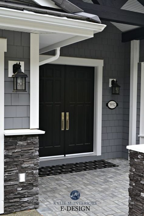 Gray and White Home – Marble, Dark Wood and More! Grey Exterior House Colors, Black Front Door, Gray House Exterior, Exterior House Colors With Stone, Exterior House Colors Combinations, House Paint Color Combination, Chelsea Gray, Exterior House Paint Color Combinations, Black Front Doors