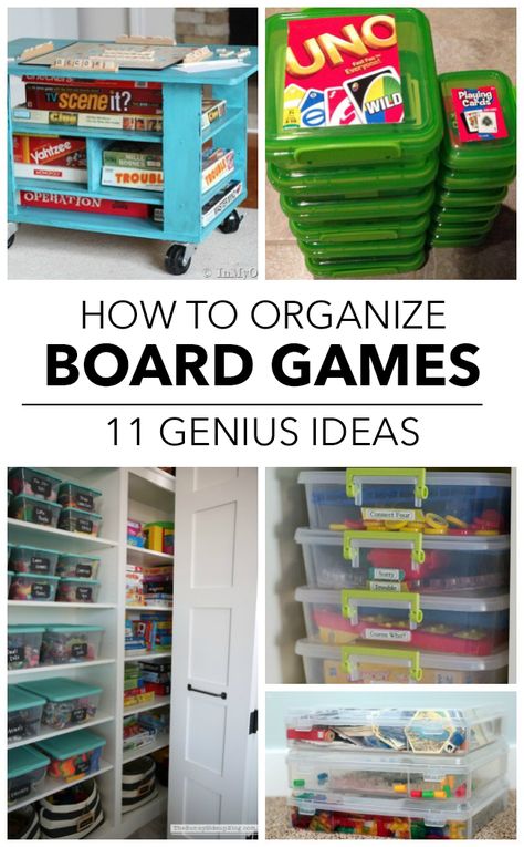 11 Ways To Finally Get Your Board Games Organized Storage Ideas For Games, Organizing Gaming Systems, Craft And Game Closet Organization, Board Games Organization Ideas, Organizing Game Closet, Organize Games In Closet, Daycare Toy Storage, Small Loft Game Room Ideas, Organize Game Closet