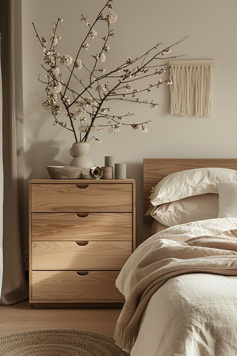 Japandi Dresser, Minimalist Bedroom Dresser, Bedroom Dresser Ideas, Minimalist Dresser, Dresser Inspo, Japandi Boho, Dresser Minimalist, Mood Board Bedroom, Organized Bedroom