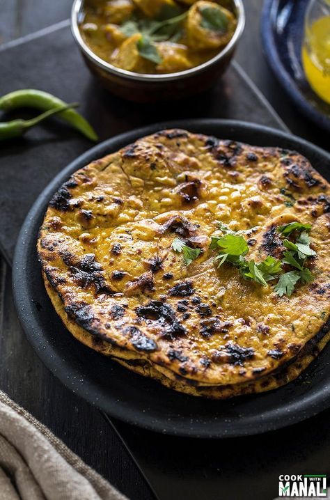 Popular Indian flatbread made with whole wheat flour and chickpea flour. This lightly spiced & flavorful Missi Roti tastes great on its own or with a side of dal or curry! #indian #flatbread #bread Missi Roti, Honey Chilli Potato, Curry Indian, Indian Flatbread, Veg Dishes, Indian Curry, Chickpea Flour, Indian Food Recipes Vegetarian, Whole Wheat Flour