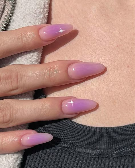 Blush Purple Nails, Lavender Nails 2023, Purple Acrylics With Design, Lavender Gel X Nails, Clear Lavender Nails, Purple And Clear Nails, Purple Aura Nails Chrome, Purple Transparent Nails, Gel Nails Almond Purple