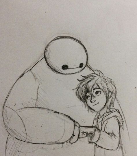 Hiro Hamada and Baymax share a fist bump Big Hero 6 Doodles, Baymax Drawing Sketch, Jumbo Drawing Ideas, Hiro Hamada Drawing, Big Hero 6 Tattoo Ideas, Big Hero 6 Sketches, Baymax Video, Sketch Ideas Cartoon, Big Hero 6 Tattoo