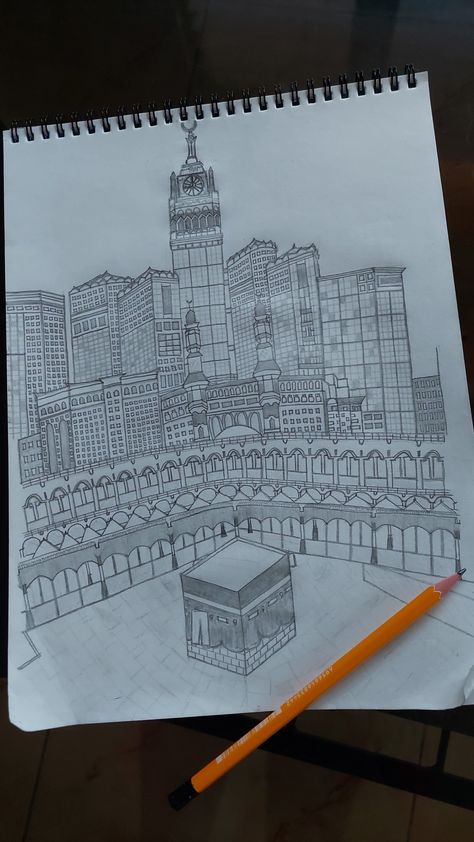 Makkah Drawing Of Makkah, Makkah Madina Pencil Drawing, Makkah Drawing Pencil, Mecca Drawing, Islamic Drawings Art Pencil, Makkah Drawing, Kaaba Drawing, Mine Sketch, Islamic Drawing