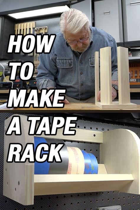 7 Easy Steps for Making a Tape Storage Rack That Keeps Tapes Organized, Visible and Accessible. Workshop Tape Organizer, Workshop Tape Storage, Diy Tape Storage, Tape Roll Storage, Tape Storage Garage, Tape Holder Diy, Wood Shop Storage, Pliers Organization, Tape Storage Ideas