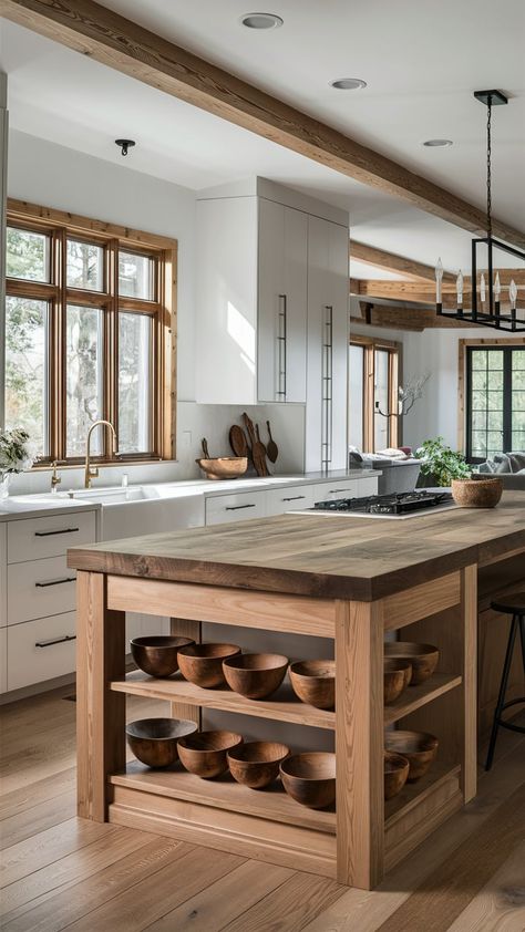 23 Farmhouse Kitchen Ideas to Add Rustic Charm in Modern Spaces Kitchen With Island Instead Of Table, Farmhouse Kitchen With Wood Ceiling, Wooden Island Countertop, Mountain Chalet Kitchen, Island With Wood Countertop, Exposed Beams In Kitchen, Rustic Kitchen Island With Seating, Wood Beams In Kitchen, Rustic Farmhouse Kitchen Island