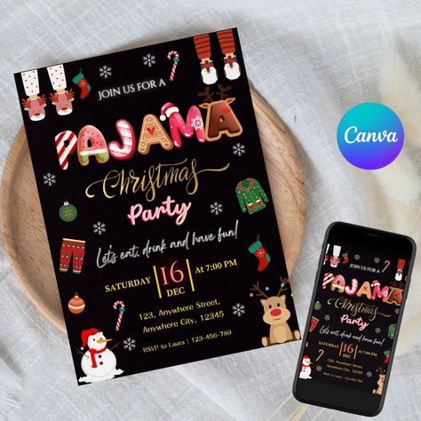 Editable Holiday Christmas Pajama Party Invitation, Sleepover Invitation, Holiday Invitation, Digital Christmas Pajama Invite in Black Background with Christmas Decor designs Thanksgiving Invitation Ideas, Christmas Themes Ideas, Thanksgiving Backgrounds, Friendsgiving Invitations, Backgrounds Autumn, Autumn Template, Sleepover Invitation, Thanksgiving Invitation Template, Fall Card Ideas