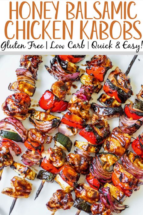 This honey balsamic grilled chicken kabob recipe is perfect for any summer dinner or family gathering. Made with lots of vegetables including zucchini, red onion and red pepper, these grilled chicken kabobs are quick to prep and grill, and glazed with an easy honey balsamic sauce! They're gluten free, low carb and paleo, so everyone can and will enjoy! #grilledchicken #chickenkabobs #balsamic #grilling Chicken Bacon Kabobs On The Grill, Easy Work Night Dinners Healthy, Paleo Grilling Recipes, Balsamic Kabobs, Marinade For Chicken Kabobs On The Grill, Chicken Kabobs On The Grill, Chicken Kabob Recipe, Paleo Grilled Chicken, Husband Food