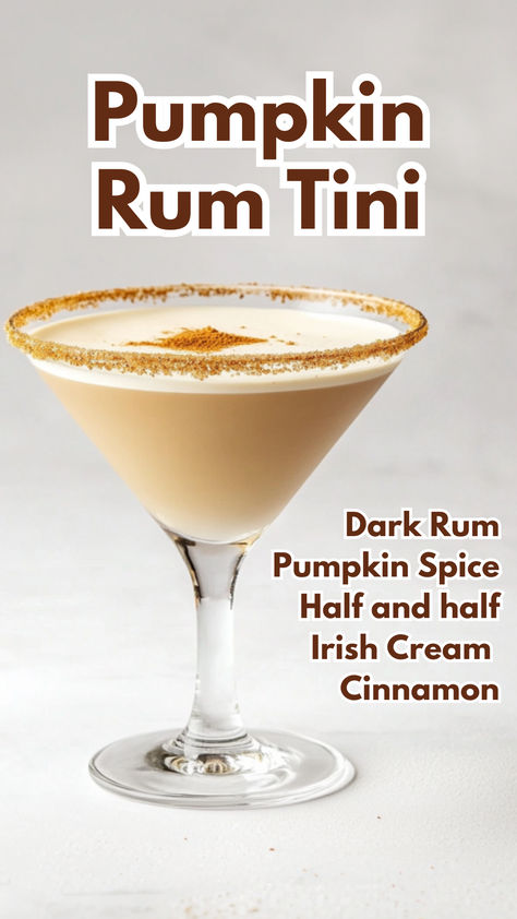 Pumpkin Rum Tini Fall Mixed Drinks, Pumpkin Cocktails, Dark Rum Cocktails, Cream Cocktails, Pumpkin Spice Cocktail, Bartending 101, Cocktail Cards, Bartender Drinks Recipes, Spiced Cocktail