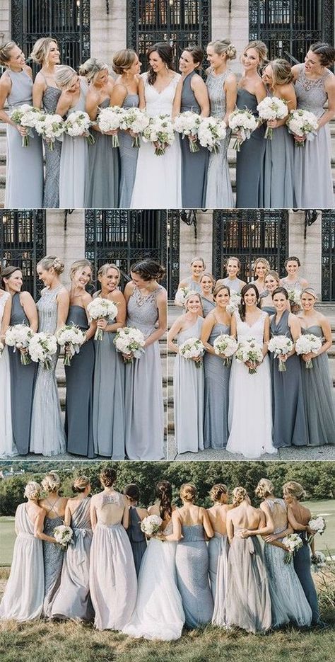 Bridesmaids Dress Inspiration, Grey Bridesmaids, Mismatched Bridesmaids, Mismatched Bridesmaid Dresses, Grey Bridesmaid Dresses, Blue Bridesmaid Dresses, Blue Bridesmaids, Wedding Bridesmaid Dresses, Blue Wedding