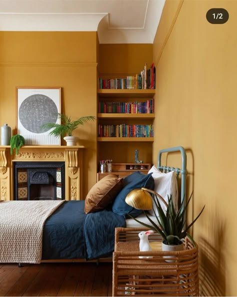 Ochre Bedroom, Farrow And Ball Bedroom, Yellow Dining Room, High Ceiling Living Room, Feature Wall Bedroom, 1930s House, Bedroom Wall Colors, Yellow Bedroom, Single Bedroom