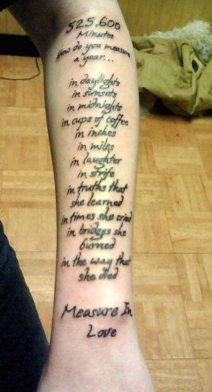 RENT tattoo....a bit much but I like the idea Rent Tattoo, Tattoo Ideas Lyrics, Broadway Tattoos, Music Tattoo Ideas, Music Room Art, Music Poster Ideas, Music Tattoo, Music Tattoos, Tattoo Placement