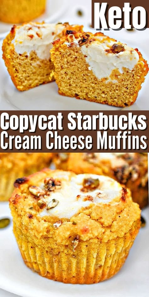 Keto Copycat Starbucks Cream Cheese Muffins - These pumpkin cream cheese muffins taste just like the kind you get a Starbucks – but they are keto-friendly. Just 4 grams net carbs each. #keto #Ketorecipes #Ketodiet #Ketostarbucks #ketostarbucksmuffins #starbuckspumpkinmuffins #pumpkinrecipes #fall #food #recipes Healthy Starbucks Pumpkin Muffin, Low Carb Starbucks Pumpkin Muffins, Keto Pumpkin Cream Cheese Muffins Almond Flour, Starbucks Pumpkin Cream Cheese Muffins Keto, Low Carb Starbucks Pumpkin Cream Cheese Muffins, Keto Starbucks Pumpkin Muffins, Low Carb Pumpkin Cream Cheese Muffins, Keto Pumpkin Cheesecake Muffins, Keto Pumpkin Protein Muffins