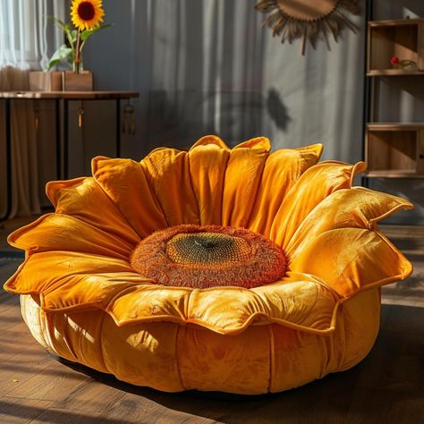 The sunflower couch is a vibrant and inviting piece of furniture that instantly brightens any room with its cheerful design. Inspired by the sunny disposition of sunflowers, this couch typically features a bold yellow color that radiates warmth and positivity. Its distinctive appearance often includes large, plush cushions that offer comfort alongside style. The sunflower couch serves as a focal point in contemporary decor, adding a touch of whimsy and elegance to living spaces while creating... Bee Inspired Interior Design, Sunflower Interior Design, Flower Couch, Yellow Living Room Ideas, Unique Couches, Maximalist House, Sunny Aesthetic, Yellow Couch, Plush Couch