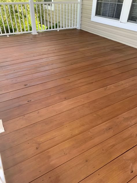 Front porch stained. Makeover. Thompsons Water Seal and Stain. Acorn Brown Deck Stain Colors With Yellow House, Front Porch Wood Stains, Medium Brown Deck Stain, Dock Stain Colors, Light Brown Deck Paint, Stain Porch Wood, Deck Stain Colors For Tan House, Stained Porch Floor, Deck Stains For Tan House