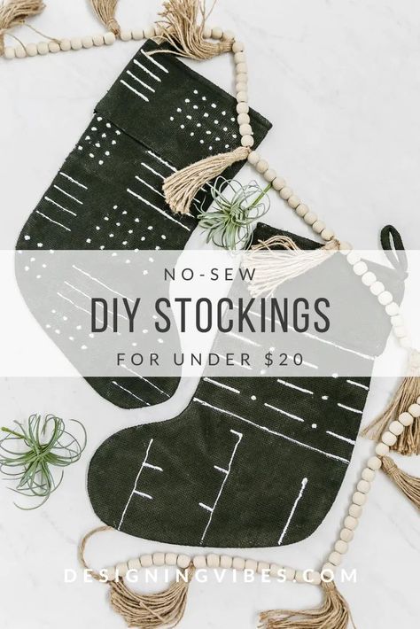 DIY No-Sew Mudcloth Christmas Stockings Tutorial. Easy and fun holiday craft ideas. This is great for a boho or modern farmhouse vibe. #christmasstockings #holidaycrafts #bohochristmas Black Christmas Stockings Ideas, Diy Stockings Christmas No Sew, Alternative To Christmas Stocking, No Sew Stockings Diy, No Sew Christmas Stocking, Diy Stockings Christmas, Sew Stocking, Black Christmas Stocking, Holiday Craft Ideas