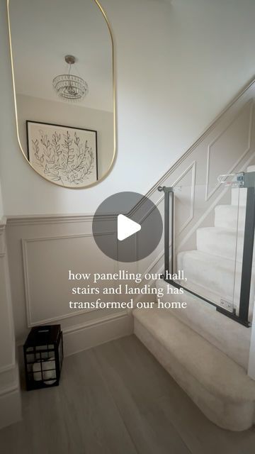 Sarah Heard ✨ on Instagram: "We DIY’d the panelling ourselves and we couldn’t be happier with it, the colours and style have just transformed the space. It feels bigger and more homely since covering over the magnolia paint. What do you think? 

#hallstairsandlanding #hallwaydecor #diydecorating #panellinginspo #panelling #hallwaytransformation #newbuildhouse #movinghome #diyhomedecor #myhomedesign #myhometrend #diyhacks #elephantsbreath #strongwhite #redrowoxford #interiordesignuk #stairpanelling #myspaceanddecor" Hallway Panneling Colour Ideas, Stair Panelling Colour Ideas, Hall Panelling Colour Ideas, Hall Stairs And Landing Panelling, Hall Panelling Ideas, Wall Panelling Stairs, Hallway Panelling Colours, Panelling Up The Stairs, Hallway Landing Ideas