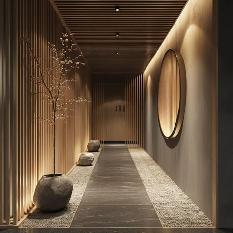 Japandi Hallway, Hallway Design Ideas, Minimalist Japandi, Living Room Wall Designs, Zen House, Japandi Interiors, Corridor Design, Japanese Minimalism, Hallway Design