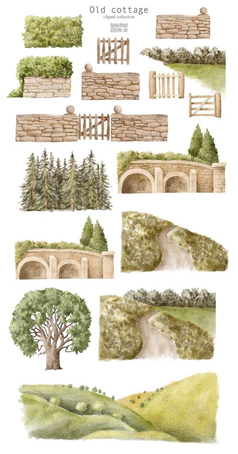 Village Illustration, Houses Clipart, House Clipart, Garden Illustration, Old Cottage, Countryside House, Landscape Background, Posters Wall, Arte Animal