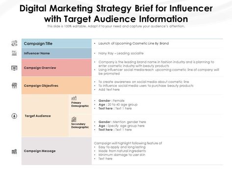 Digital Marketing Strategy Brief For Influencer With Target Audience Information | Presentation Graphics | Presentation PowerPoint Example | Slide Templates Target Audience Examples, Powerpoint Examples, Presentation Graphics, Best Ted Talks, Presentation Example, Regression Testing, Presentation Maker, Page Setup, Presentation Software