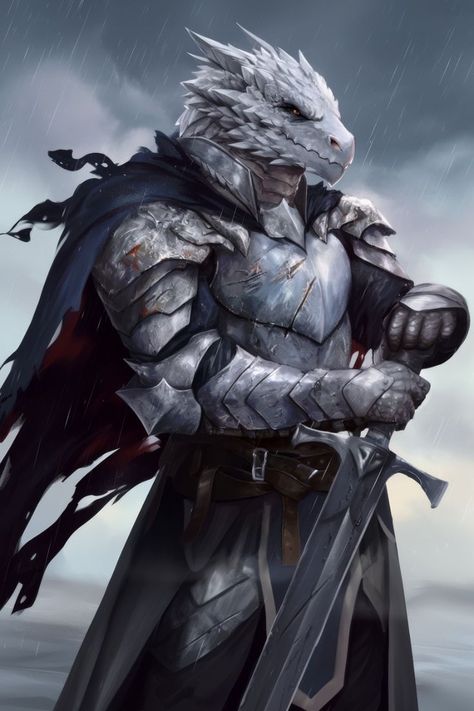 Aaracockra Art, White Dragonborn Paladin, White Dragonborn Dnd, Dragonborn Paladin Dnd, Dnd Paladin Art, Paladin Fantasy Art, Dragon Paladin, Paladin Character Art, White Dragonborn