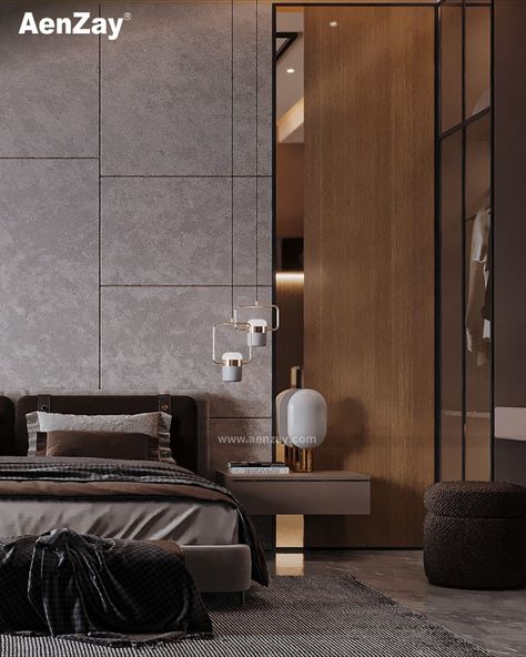 Elegance meets functionality in this master bedroom designed by aenzay grey textured tiles, sleek glass and wooden panels brings depth to the feature wall, while pendant lights set the perfect ambiance. 

#aenzayinteriors #bedroom #masterbedroom #bedroomdesign #bedroomdecoration #interiorgoals #modernelegance #luxuryliving #bedroominterior Grey Marble Bedroom, Pendant Light Set, Tiles Texture, Minimalism Interior, Feature Wall, Luxury Living, Bedroom Interior, Bedroom Design, Pendant Lighting