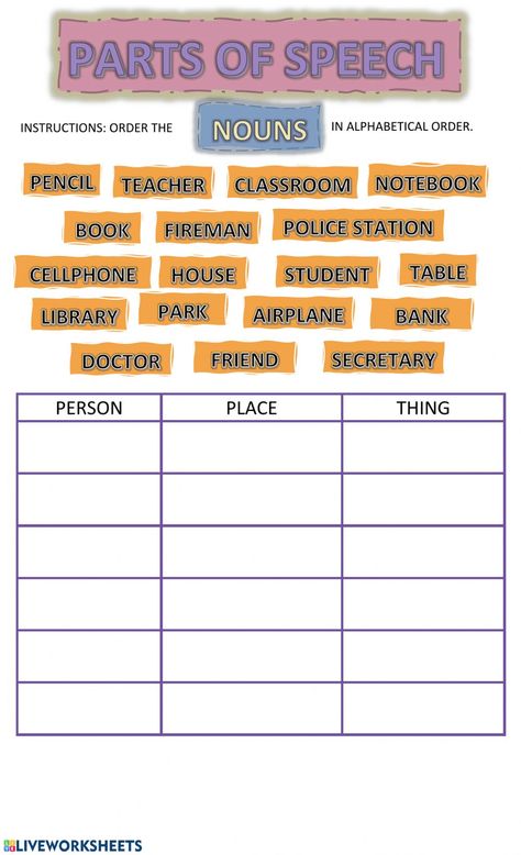 Nouns Worksheet For Class 7, Nouns Worksheet 4th Grade, Part Of Speech Worksheet, Parts Of Speech Exercises, English Honours, Parts Of Speech Worksheet, Focus Activities, English Liveworksheet, Nouns Exercises