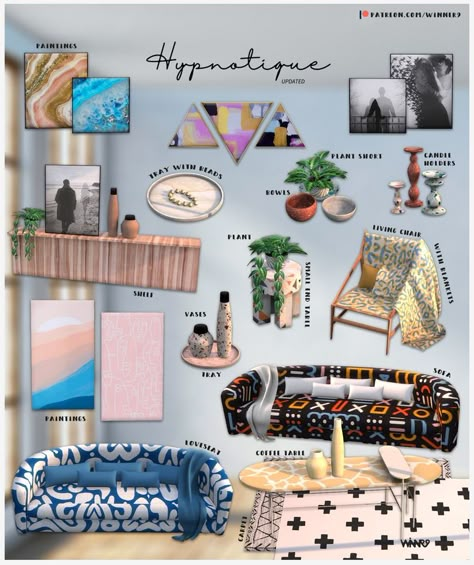 Hypnotique 🌺 Updated | Patreon Hippie Furniture, Sims 4 Cottage, Indie Decor, Sims 4 Kitchen, Sims Packs, Cc Furniture, Sims 4 Bedroom, Painted Coffee Tables, Bohemian Furniture