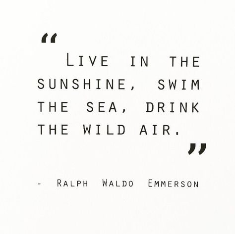 "Live in the sunshine, swim the sea, drink the wild air." -Ralph Waldo Emmerson Live In The Sunshine Quote, Salty Air Quotes, Live In The Sunshine Swim The Sea, Fresh Air Quotes, Drink The Wild Air, Air Quotes, Live In The Sunshine, Sea Quotes, Emerson Quotes