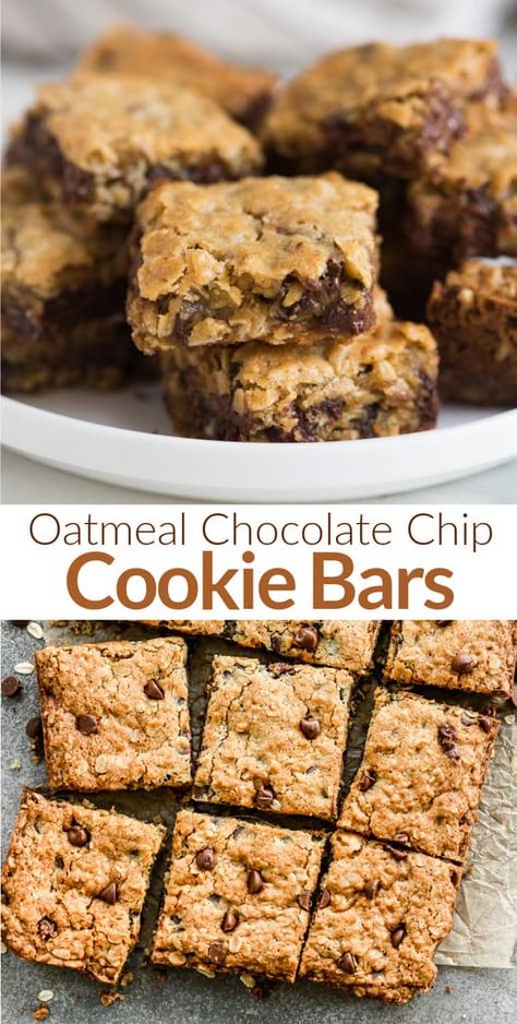 Oatmeal Chocolate Chip Cookie Bars are thick and chewy and a great treat for a crowd, potlucks and parties. They have the flavor you love from a great chocolate chip cookie, baked into easy and delicious bars! #cookie #bar #easy #chocolate #oatmeal #best #dessert via @betrfromscratch Oatmeal Chocolate Chip Cookie Bars, Pasta A La Carbonara, Cookies And Bars, Oatmeal Chocolate Chip Cookie, Dessert Oreo, Desserts Keto, Oatmeal Chocolate Chip, Cookie Bar, Chocolate Chip Cookie Bars