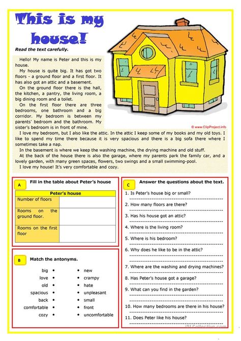 Reading Comphrension Grade 2, My House Reading Comprehension, House Vocabulary, Present Simple Tense, Esl Reading, Comprehension Exercises, English Exercises, Student Housing, Vocabulary List