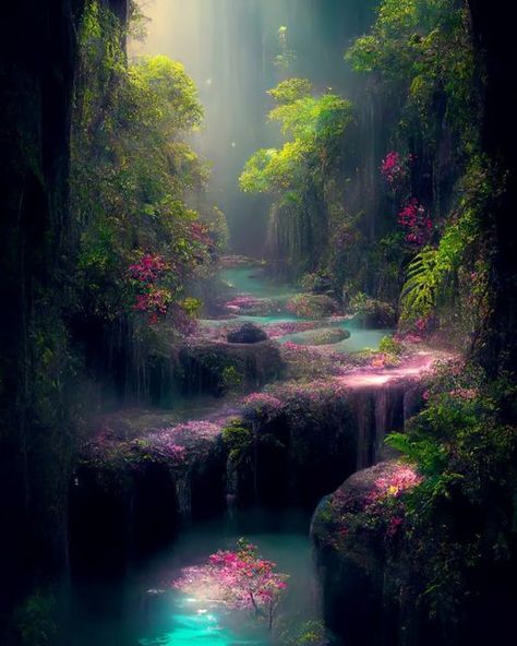 Scenic Alchemy on Instagram: ""Divine Forest." #magic #divine #flowers #river #creek #aiart #ethereal #enchanted #enchantedforest #aidesign #digitalai #digitalillustration #surreal #surrealai #forest #dreams #dreamscape #pink #discord #alternateuniverse #midjourney #aiart #aiartist" Fairy Lifestyle, Enchanted River, Forest Magic, Magic Land, Mystical Places, Heaven Art, Mystical Forest, River Art, Fantasy Forest