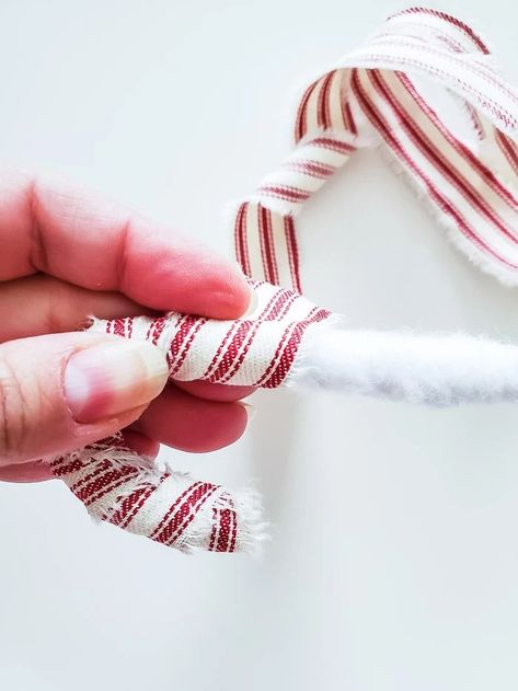 Give store bought plastic candy canes vintage charm with this chunky, tattered technique using red ticking stripe fabric. Ticking Stripe Fabric, Christmas Fabric Crafts, Mitten Ornaments, Candy Cane Ornament, Homemade Ornaments, Ticking Fabric, Church Crafts, Santa Mugs, Diy Candy