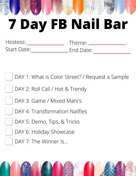 Planning the Color Street FB Nail Bar Color Street Post Ideas, Color Street Nail Bar Party Games, Color Street Games For Facebook, Color Street Games, Colorstreet Christmas, Color Street Party, Nail Bar Ideas, Mystery Hostess, Facebook Engagement Posts