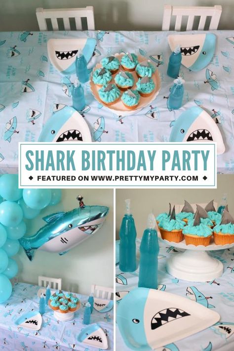 Fin-tastic Shark Birthday Party on Pretty My Party Shark Fin Cupcakes, Shark Birthday Party Ideas, Shark Party Ideas, Shark Party Decorations, Shark Themed Birthday, Shark Themed Party, Shark Themed Birthday Party, Shark Boy, Ocean Birthday