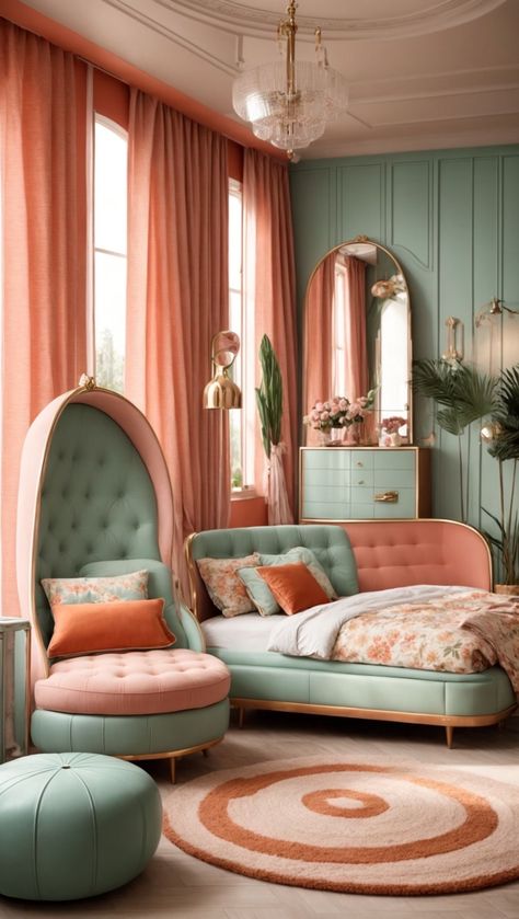 Salmon Bedroom, Retro Style Bedroom, Glamorous Bedroom Decor, Pantone 2024, Vintage Style Furniture, Wrought Iron Beds, Glamourous Bedroom, Design Your Bedroom, Retro Bedrooms