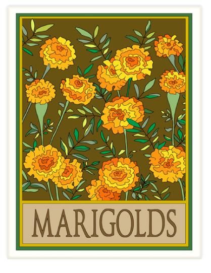 Marigolds Tile by Wildflower Graphics Marigold Print, Flower Tiles, Applique Art, Flower Tile, Bee Garden, Poster Designs, Deco Floral, Vintage Poster Art, Plant Illustration