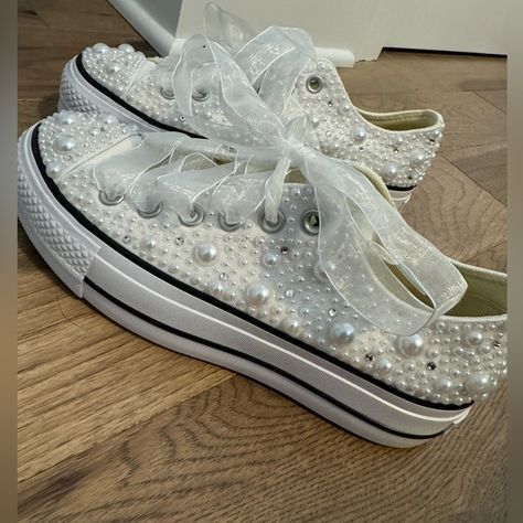 Pearl Platform Converse Sparkle Converse, Bridal Converse, Wedding Converse, Converse Shop, Platform Converse, Converse White, Women's Converse, High Top Shoes, Womens Converse