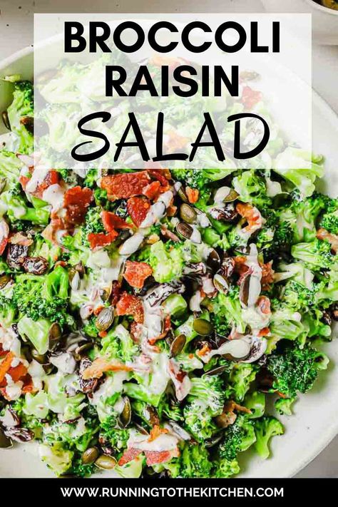 This delicious broccoli raisin salad combines tender broccoli florets, plump raisins, crispy bacon, and crunchy pumpkin seeds. Tossed in a creamy Dijon dressing with a hint of sweetness, it's a perfect addition to your summer BBQs and cookouts. Broccoli Raisin Salad, Broccoli Salad With Raisins, Raisin Salad, Cooked Broccoli, Carrot Raisin Salad, Creamy Dijon, Dijon Dressing, Dinners Recipes, Salads Recipes