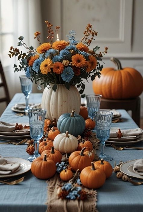 Turquoise Thanksgiving Table, Blue Orange Fall Decor, Blue Fall Decor Ideas, Fall Buffet Table Decor, Blue Thanksgiving Table Decor, Fall Buffet Decor, Blue And Orange Fall Decor, Blue Thanksgiving Table, Christmas Table Decorations Ideas