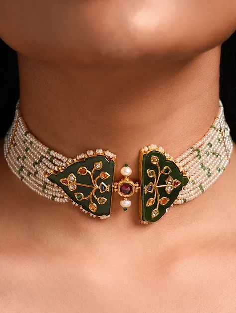 Buy Green Gold Polki Navratan Choker Necklace Online at Jaypore.com Small Polki Necklace, Bridal Accessories Jewelry Necklace, Pearl And Gold Choker, Designer Gold Jewellery, Navratan Choker, Navratan Jewellery, Polki Necklace Choker, Holding Necklace, Navratan Necklace