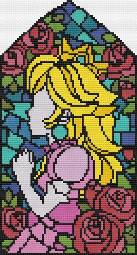 Princess Peach Cross Stitch Pattern, Super Mario Alpha Pattern, Stain Glass Pixel Art, Princess Peach Cross Stitch, Princess Peach Pixel Art, Peach Pixel Art, Pixel Art Templates Pattern, Minecraft Pixel Art Grid, Mario Cross Stitch Pattern